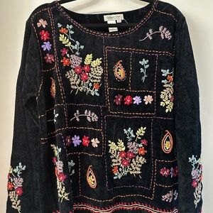 Coldwater Creek Black Sweater with Colorful Floral Embroidery
